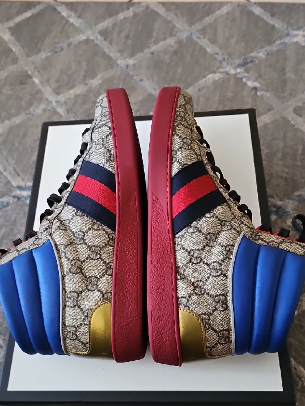 Gucci Men’s High-Top Sneakers in Light Gray Monogram with Blue & Red Accents - Picture 11 of 14